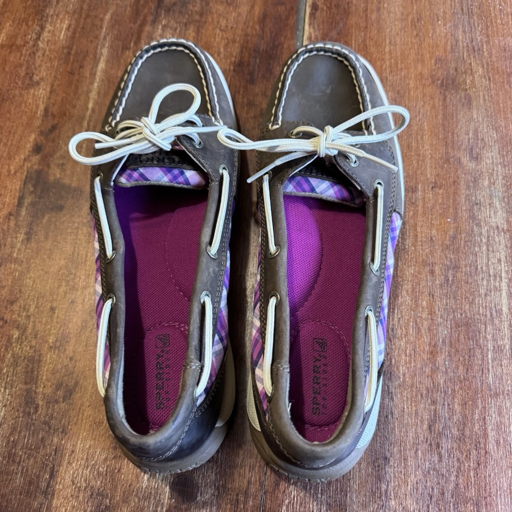 Sperry Plaid and Leather Angelfish Boat Shoe Size‎ 9.5 Gray And Purple Plaid